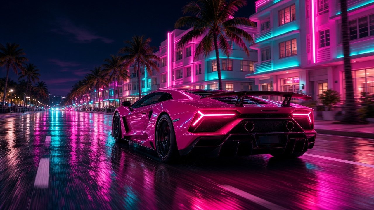 A pink supercar on a neon Ocean Drive